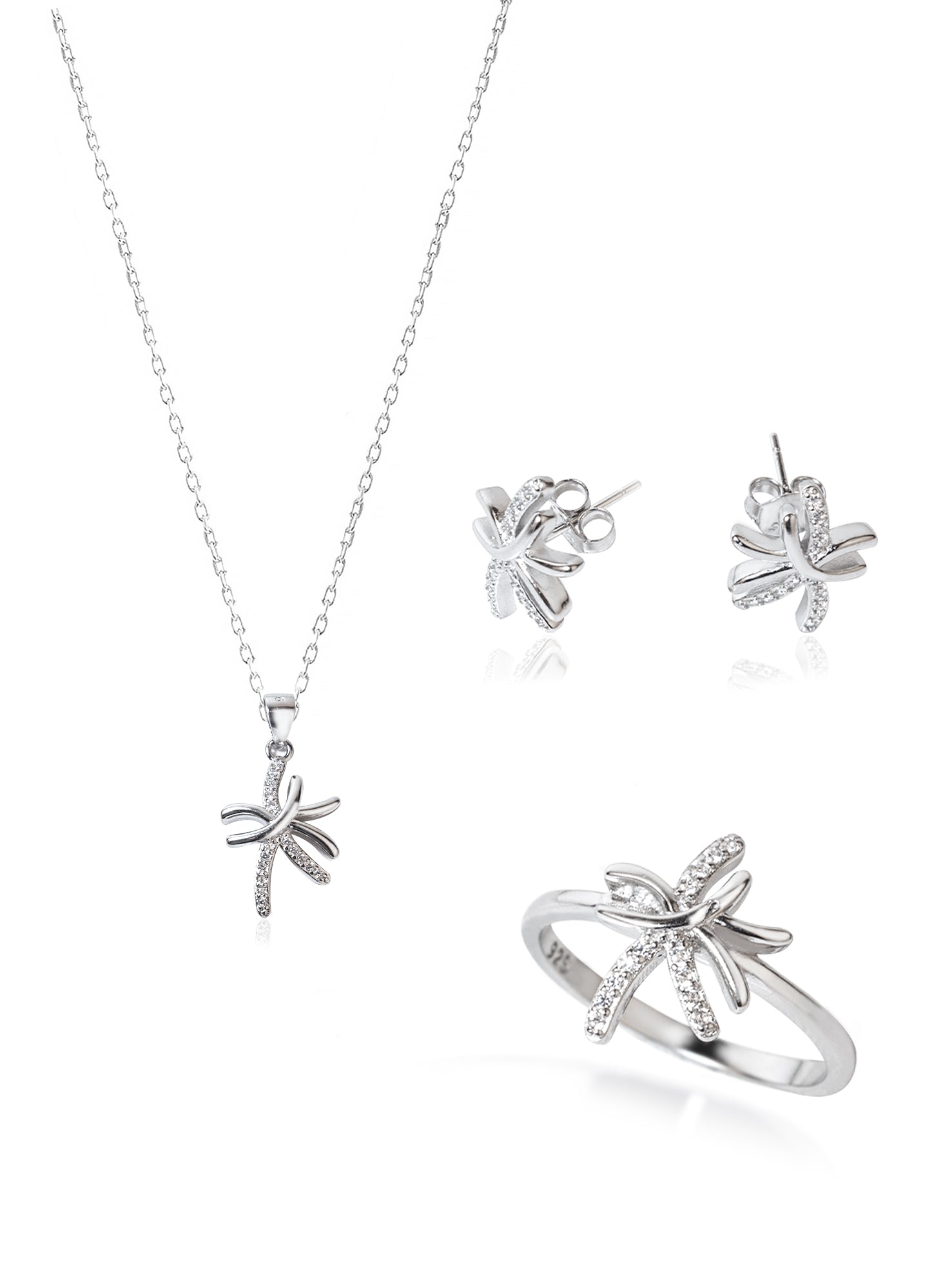 925 Sterling Silver Asymmetric Shape Jewelry Set 3 Pieces: Necklace, Ring & Earrings