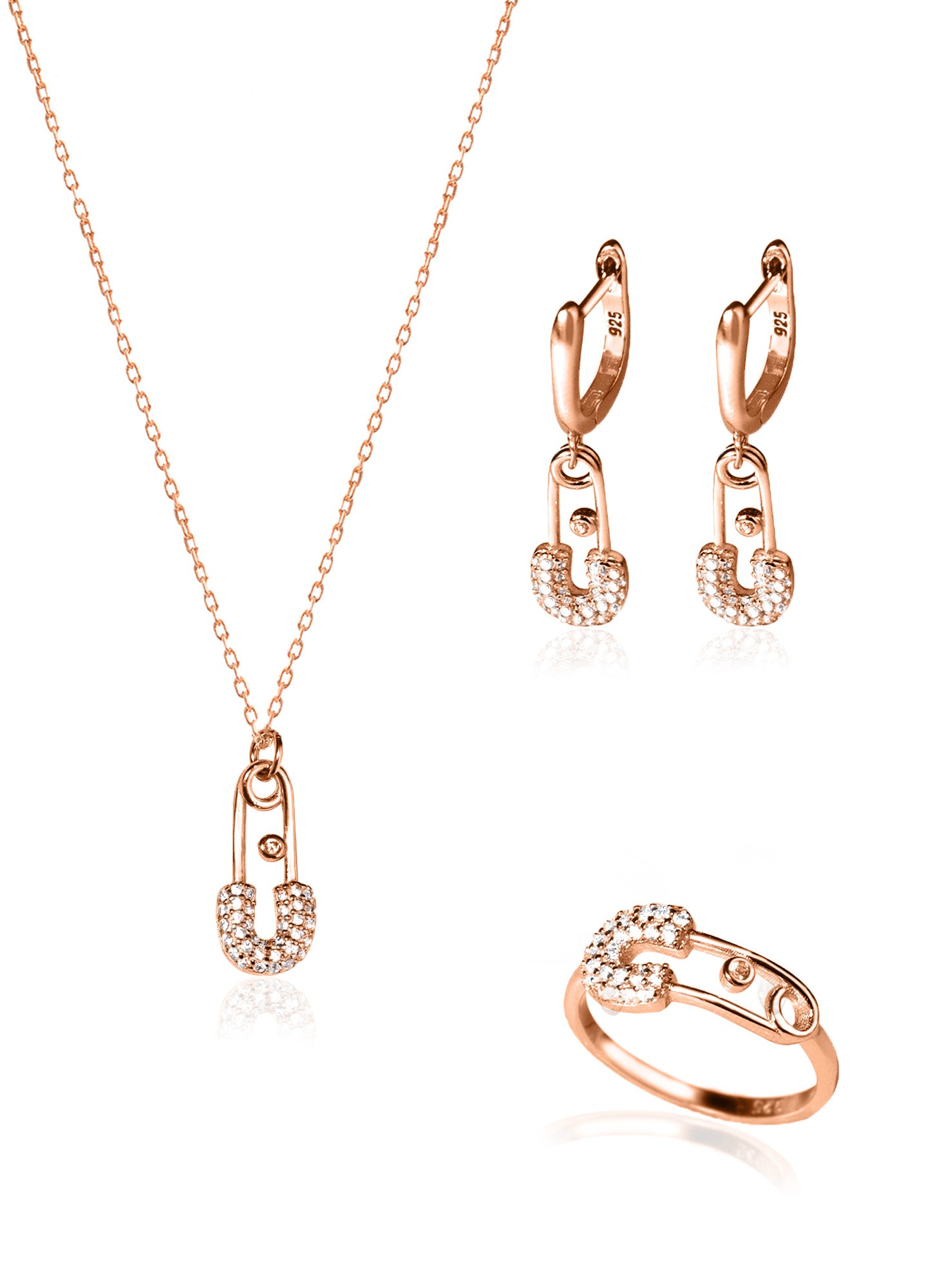 925 Sterling Silver Safety Pin Shape Jewelry Set 3 Pieces: Necklace, Ring & Earrings