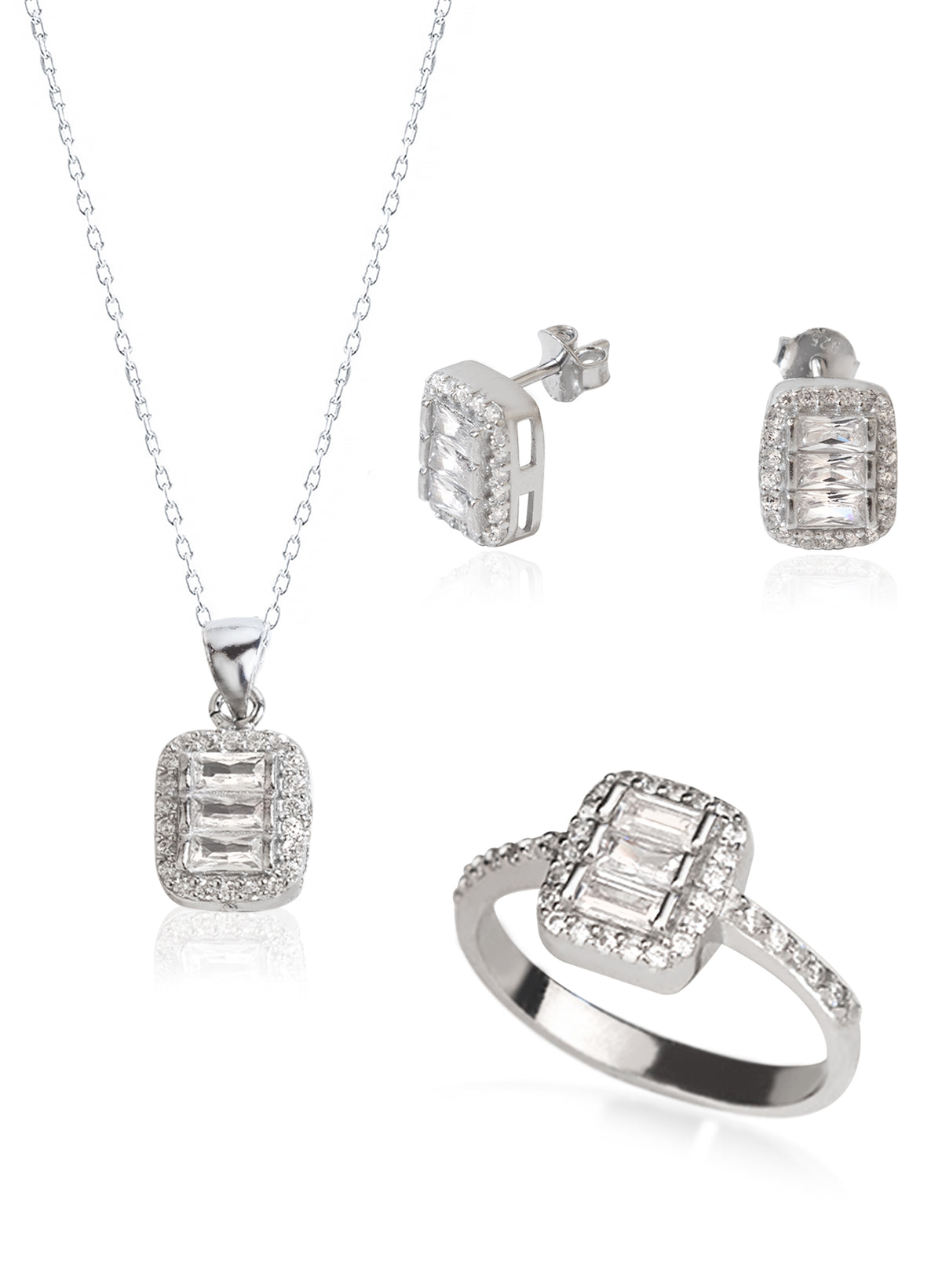 925 Sterling Silver Dainty Diamond Jewelry Set 3 Pieces: Necklace, Ring & Earrings