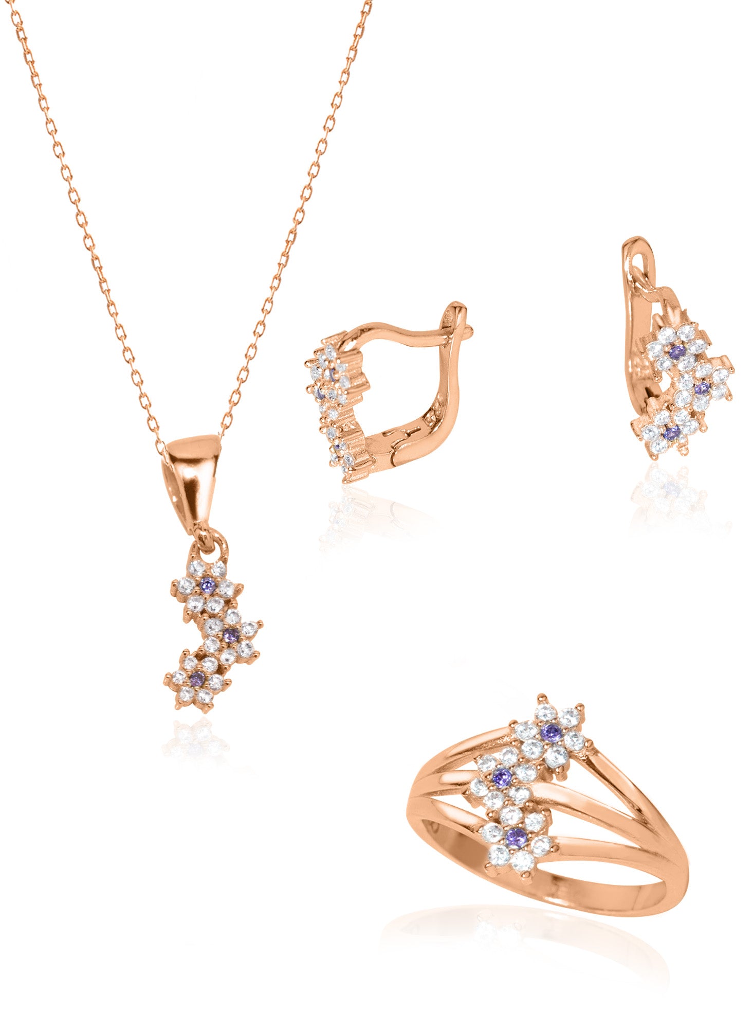 925 Sterling Silver Three Stone Daisy Shape Set 3 Pieces: Necklace, Ring & Earrings