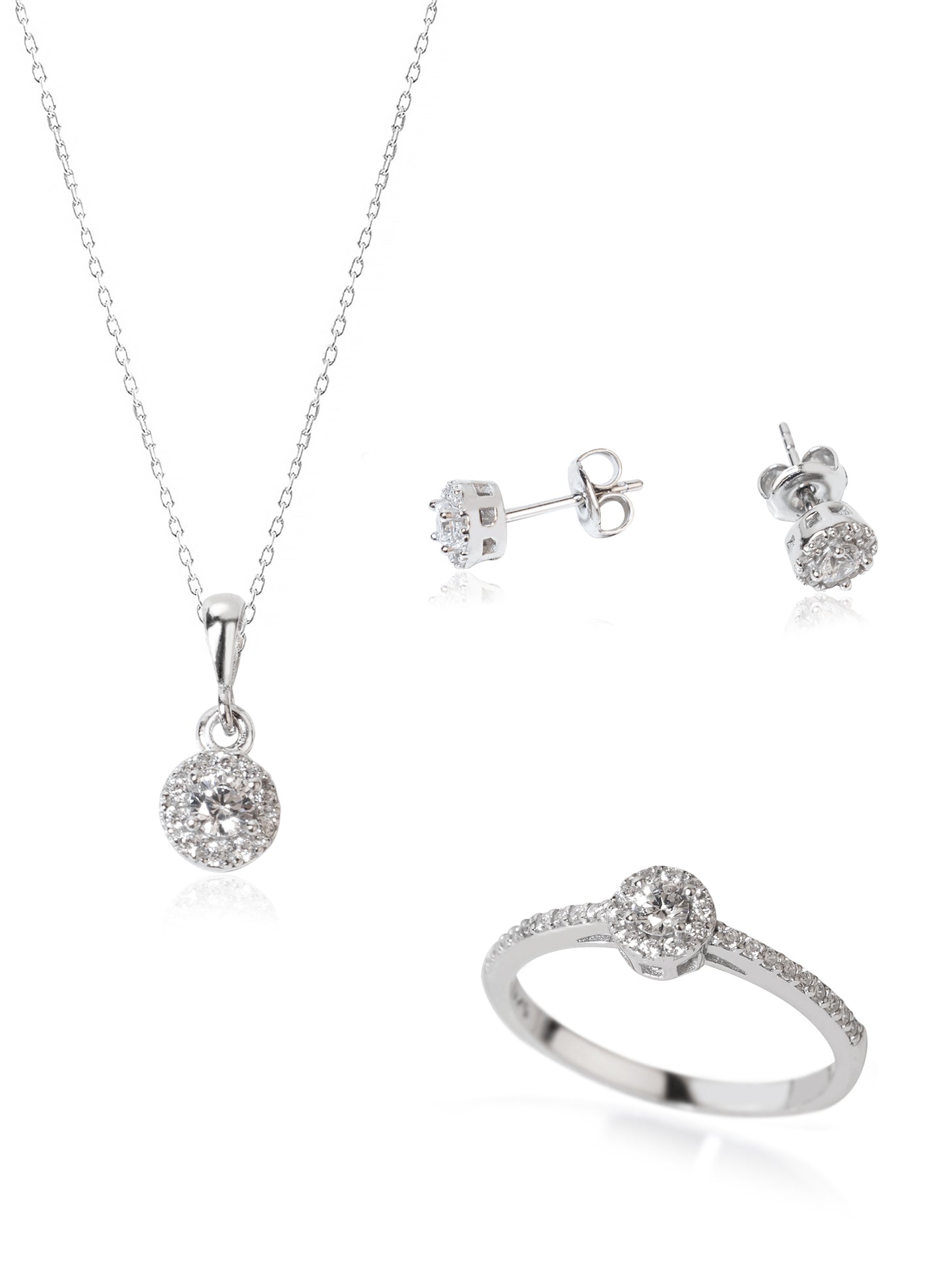 925 Sterling Silver Diamond Model Solitaire Shape Set 3 Pieces: Necklace, Ring & Earrings