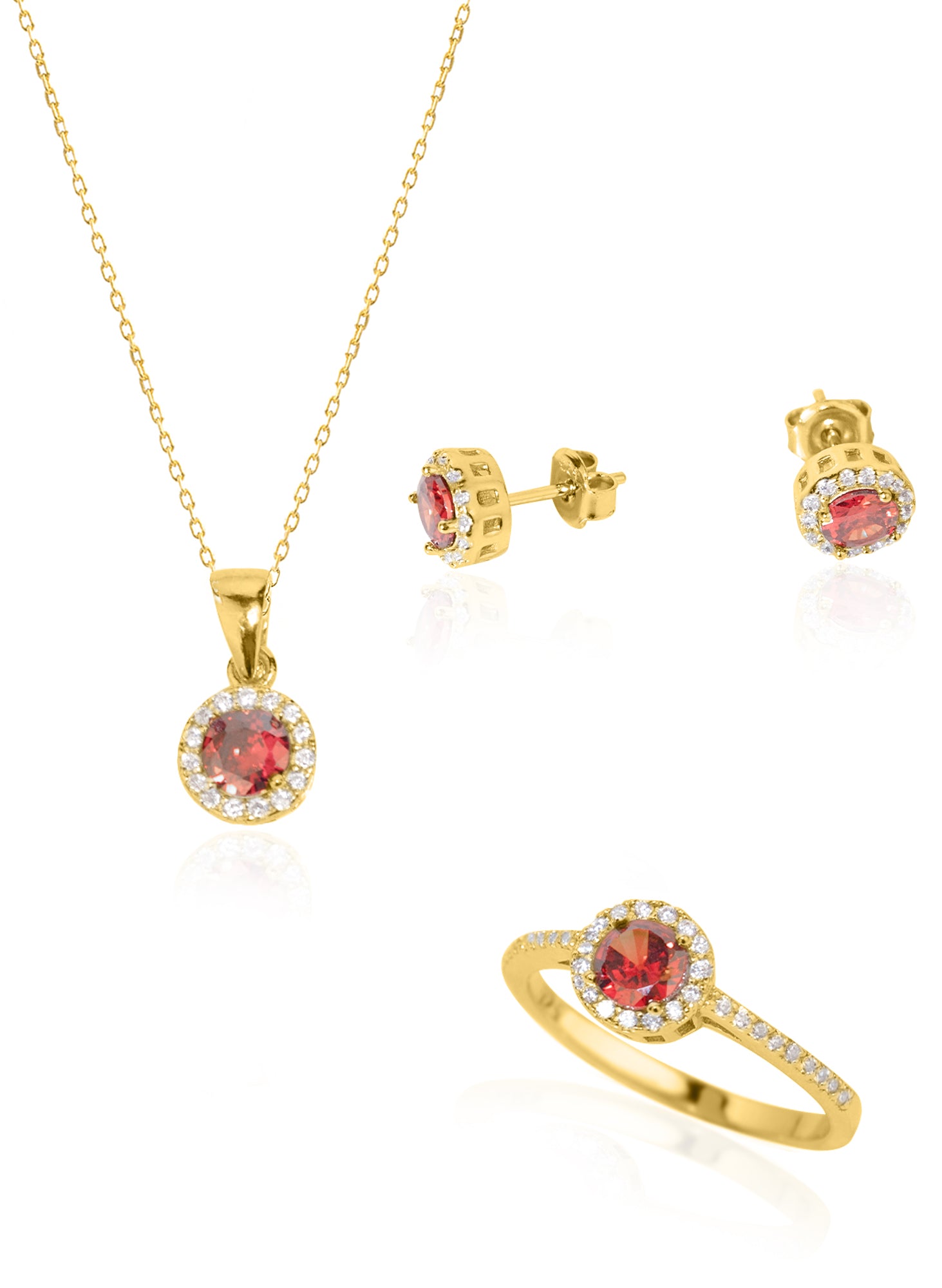 925 Sterling Silver Red Solitaire Shape Set 3 Pieces: Necklace, Ring & Earrings