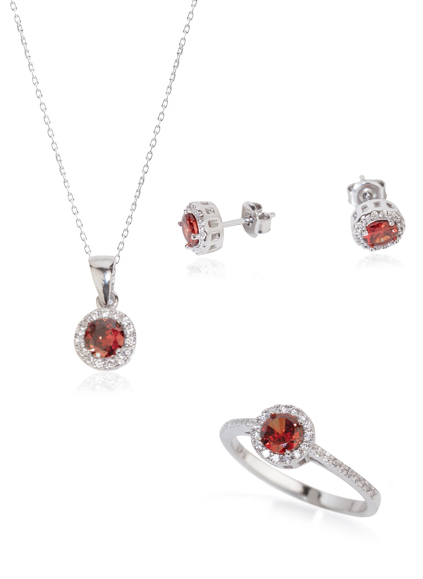925 Sterling Silver Red Solitaire Shape Set 3 Pieces: Necklace, Ring & Earrings