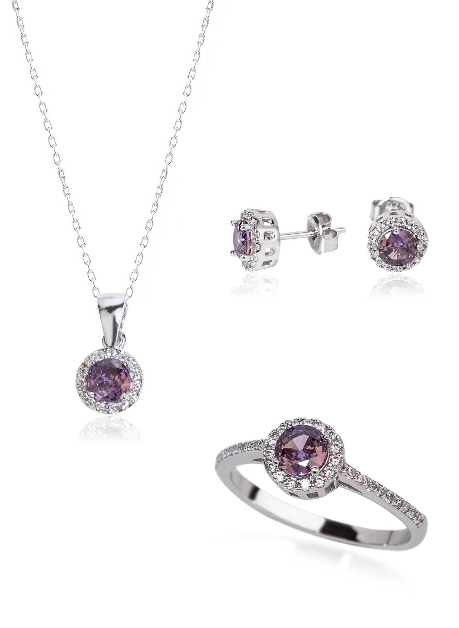 925 Sterling Silver Purple Single Stone Shape Set 3 Pieces: Necklace, Ring & Earrings