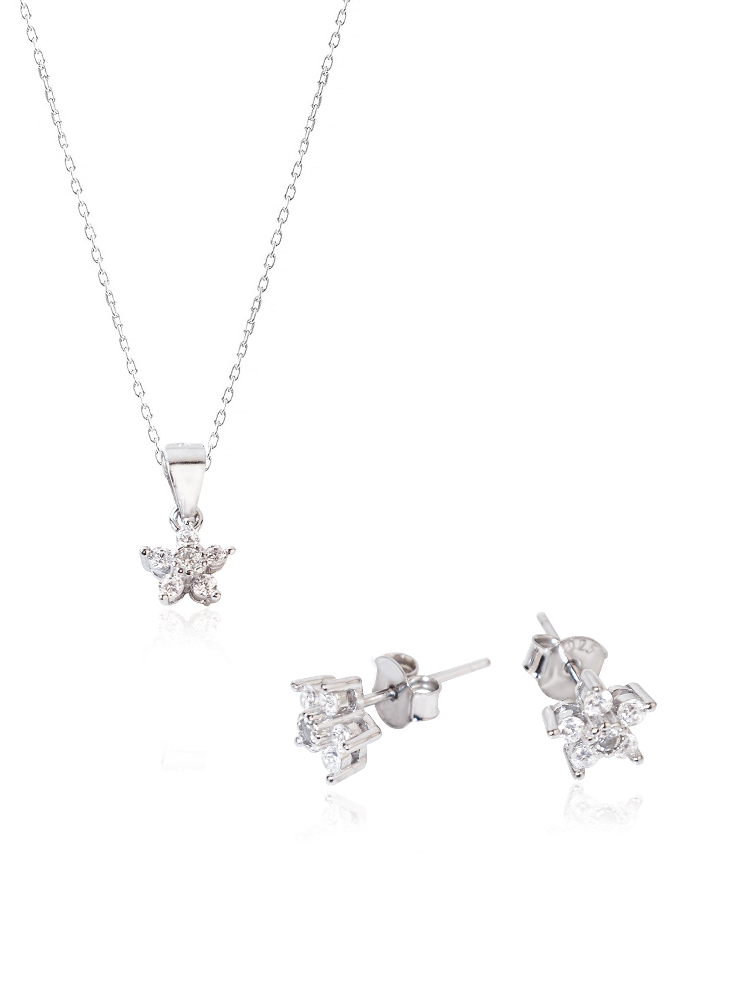 925 Sterling Silver Flower Diamond Shape Set 2 Pieces: Necklace & Earrings