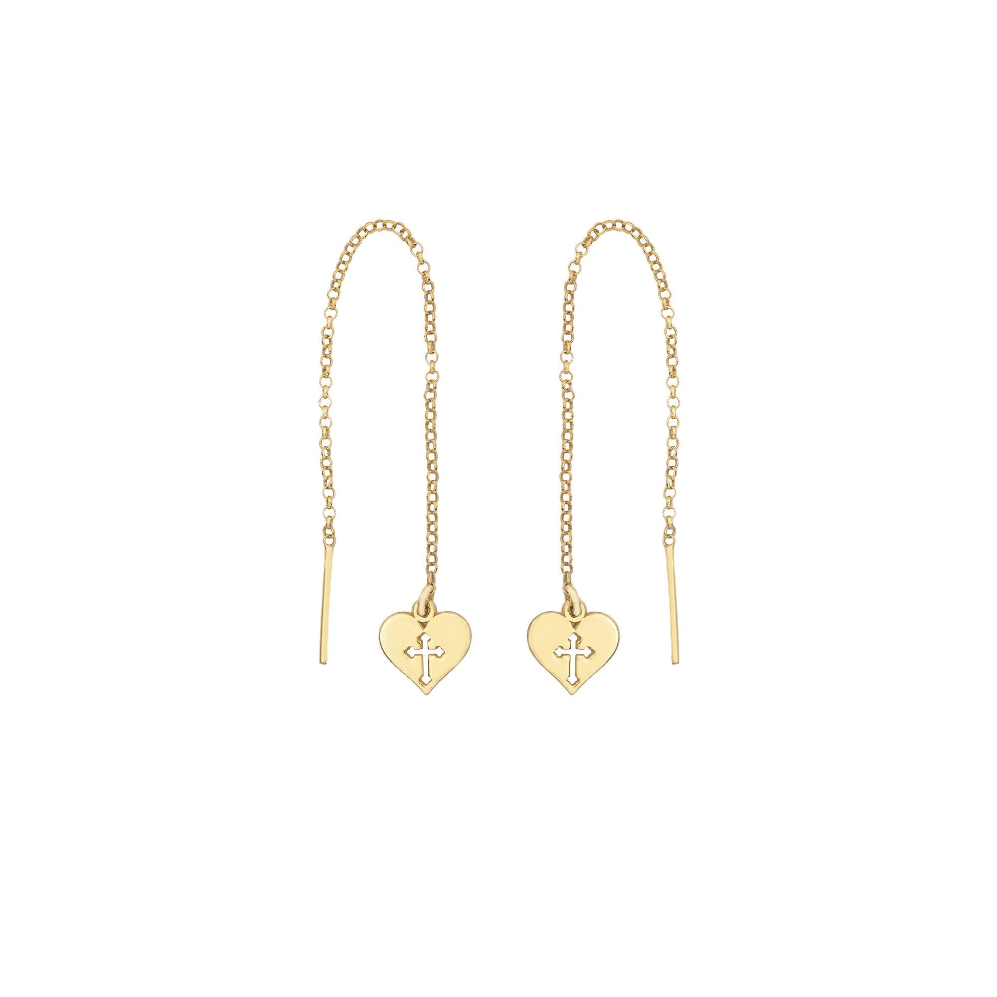 925 Sterling Silver Threader Hollow Cross With Heart Earring