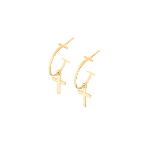 925 Sterling Silver Dangle Cross Hoop Earrings
