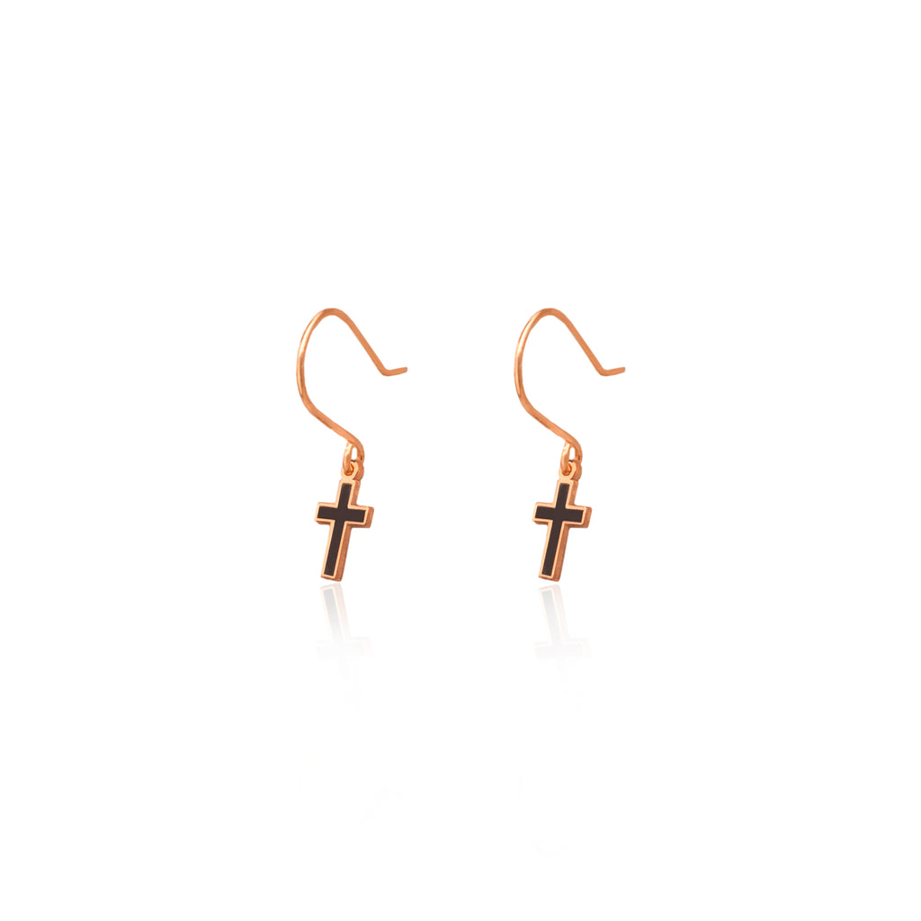 925 Sterling Silver Black Enamel Dainty Cross Earring