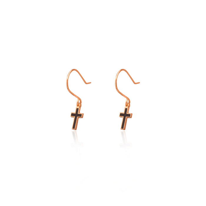 925 Sterling Silver Black Enamel Dainty Cross Earring