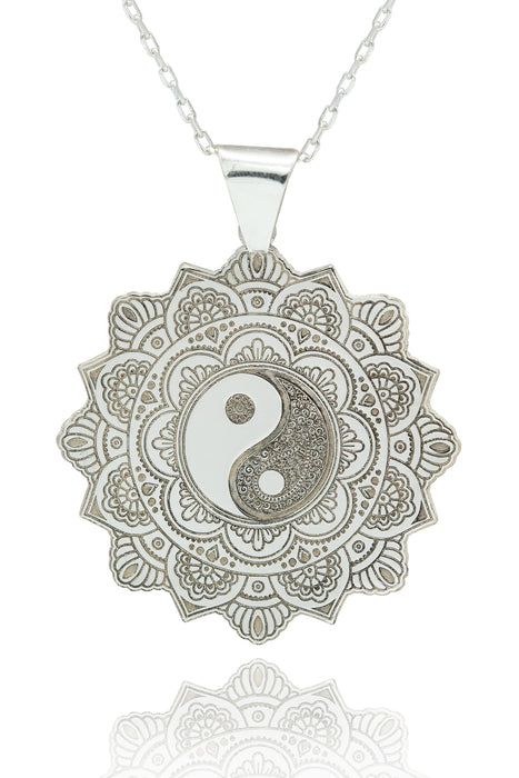 925 Sterling Silver Life Of Flower Mandala with Yin Yang Necklace - Taoism Jewelry