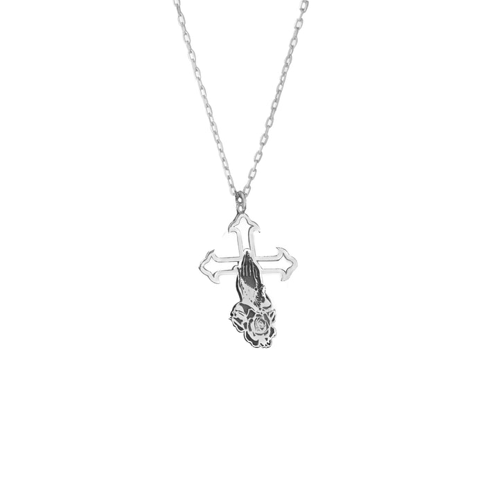 925 Sterling Silver Praying Hands Crucifix Necklace