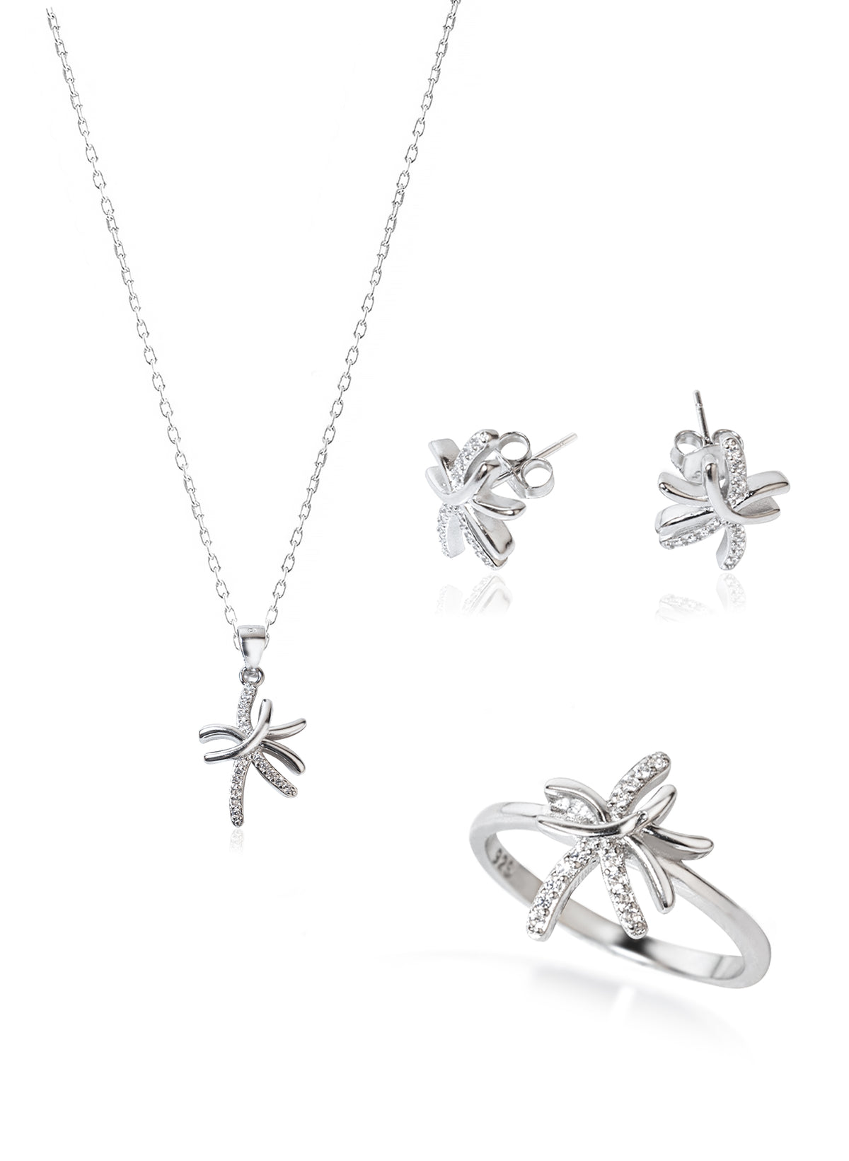 925 Sterling Silver Asymmetric Shape Jewelry Set 3 Pieces: Necklace, Ring & Earrings