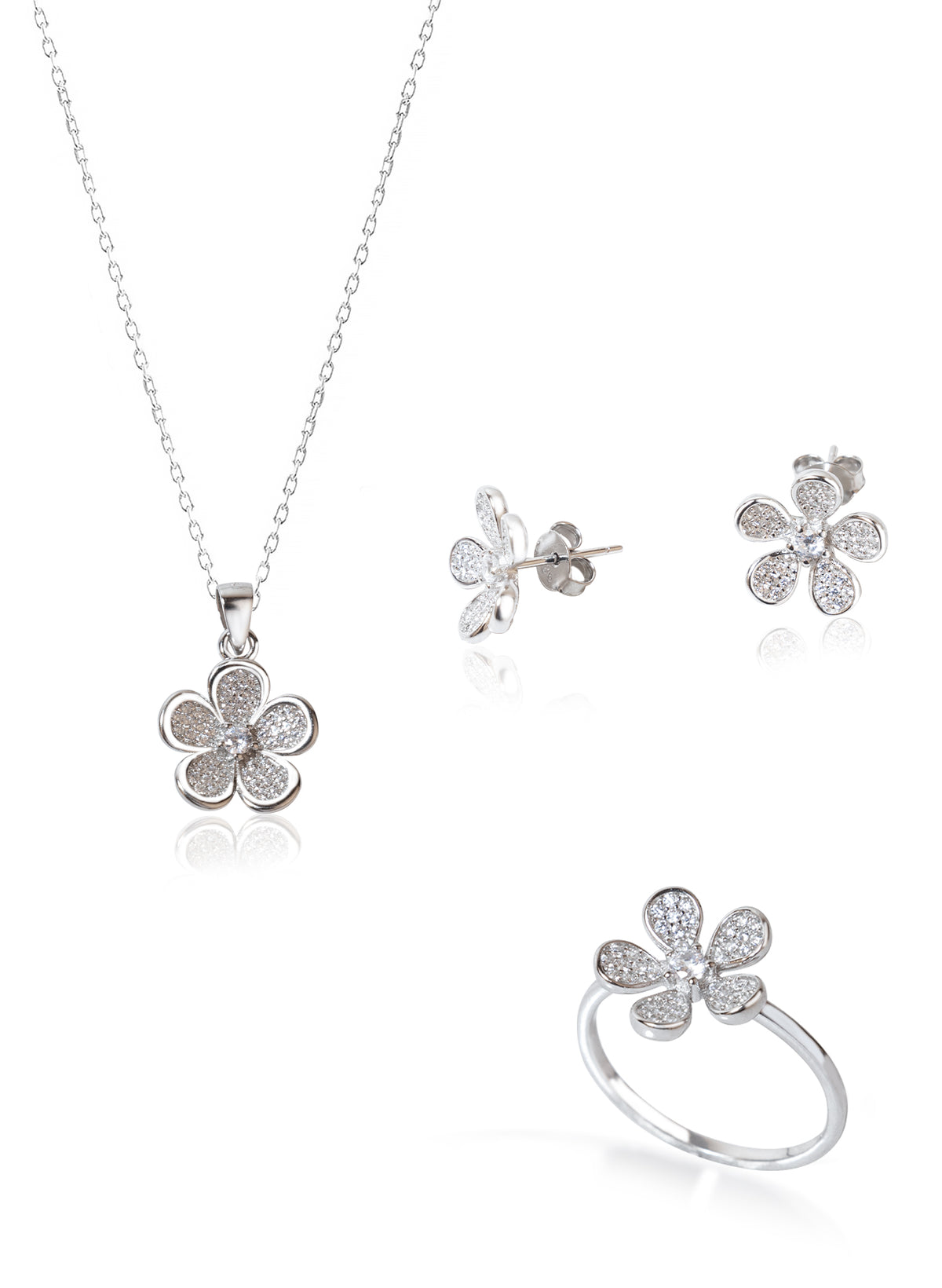 925 Sterling Silver Daisy Shape Jewelry Set 3 Pieces: Necklace, Ring & Earrings