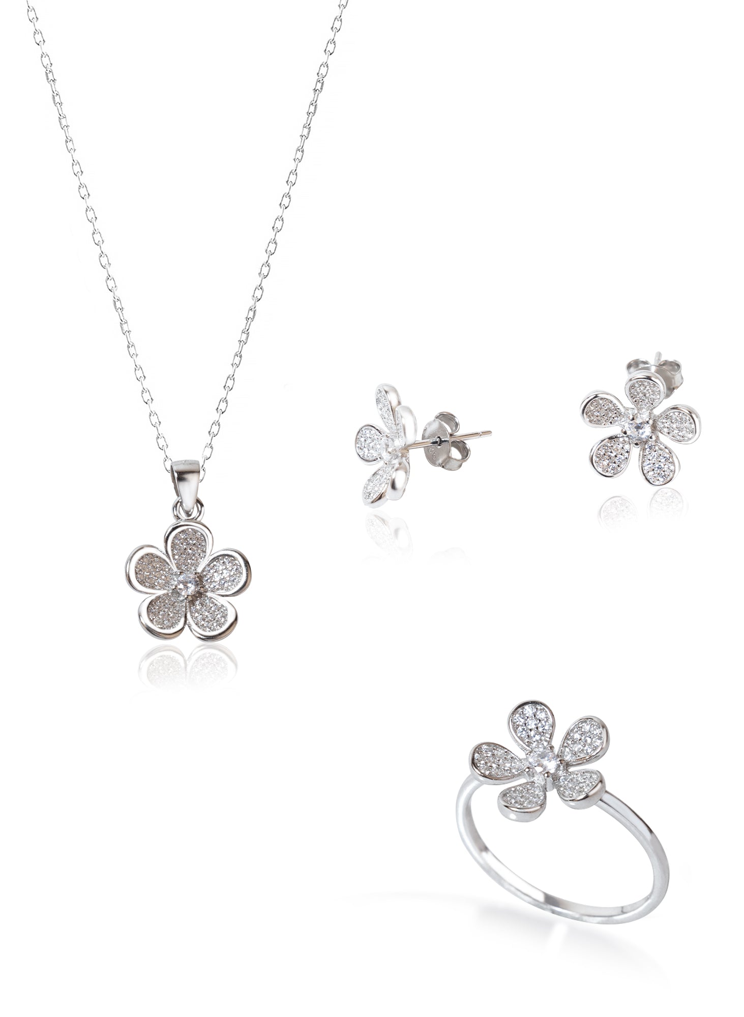 925 Sterling Silver Daisy Shape Jewelry Set 3 Pieces: Necklace, Ring &amp; Earrings