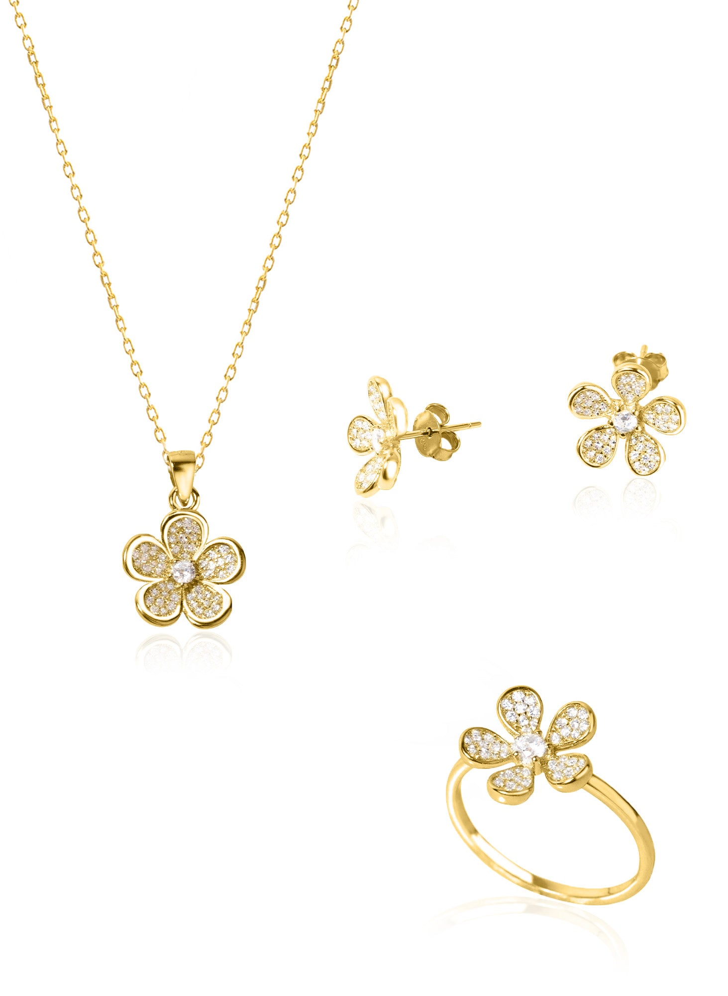 925 Sterling Silver Daisy Shape Jewelry Set 3 Pieces: Necklace, Ring &amp; Earrings