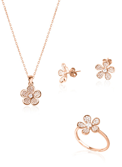 925 Sterling Silver Daisy Shape Jewelry Set 3 Pieces: Necklace, Ring & Earrings