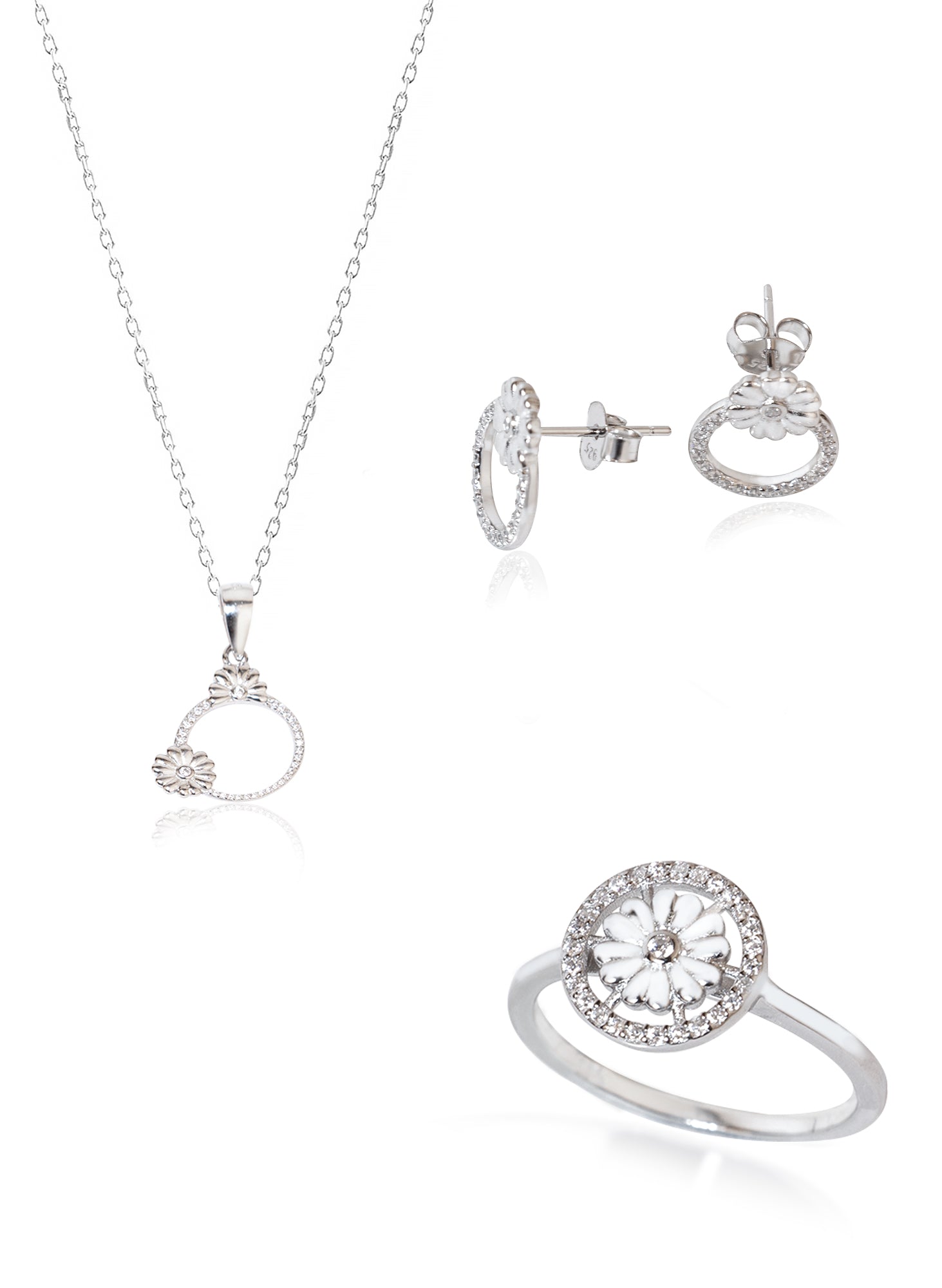 925 Sterling Silver Circle Daisy Shape Jewelry Set 3 Pieces: Necklace, Ring &amp; Earrings