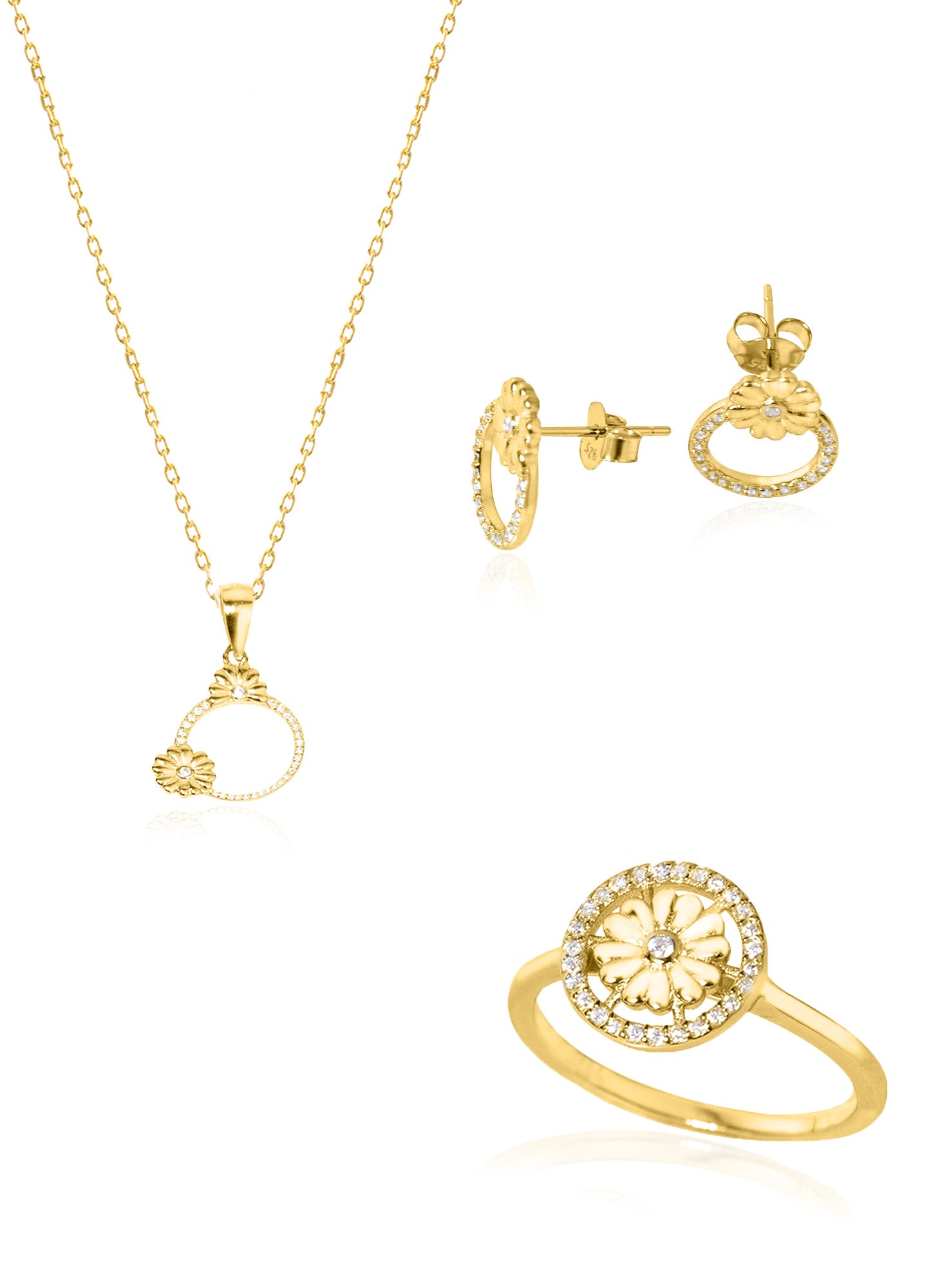 925 Sterling Silver Circle Daisy Shape Jewelry Set 3 Pieces: Necklace, Ring &amp; Earrings