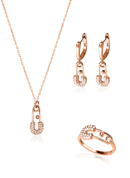 925 Sterling Silver Safety Pin Shape Jewelry Set 3 Pieces: Necklace, Ring & Earrings