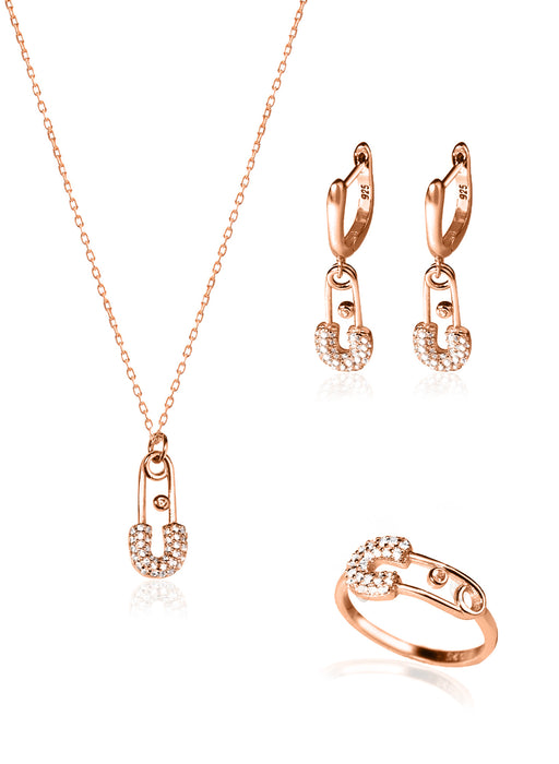 925 Sterling Silver Safety Pin Shape Jewelry Set 3 Pieces: Necklace, Ring & Earrings