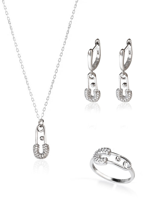 925 Sterling Silver Safety Pin Shape Jewelry Set 3 Pieces: Necklace, Ring & Earrings