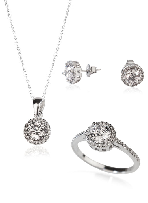 925 Sterling Silver Row Solitaire Jewelry Set 3 Pieces: Necklace, Ring & Earrings