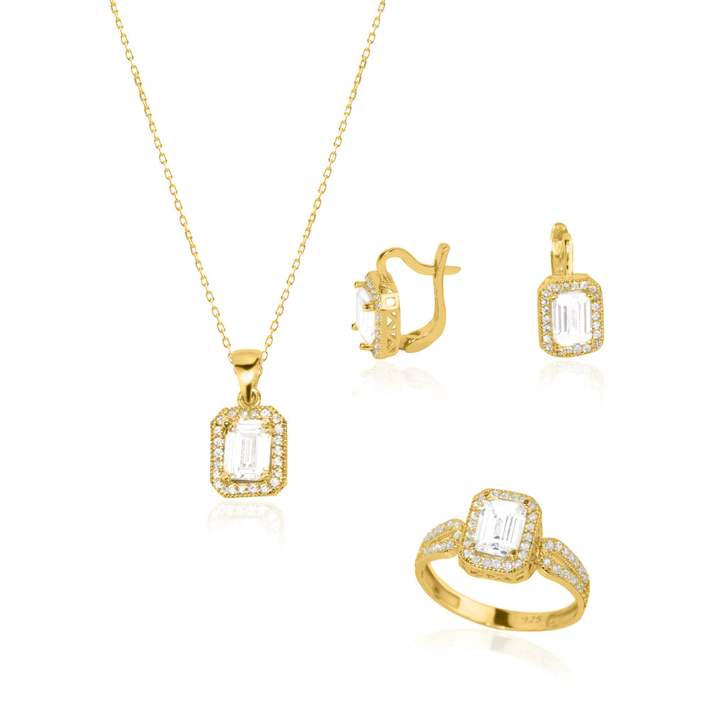 925 Sterling Silver Big Diamond Jewelry Set 3 Pieces: Necklace, Ring &amp; Earrings