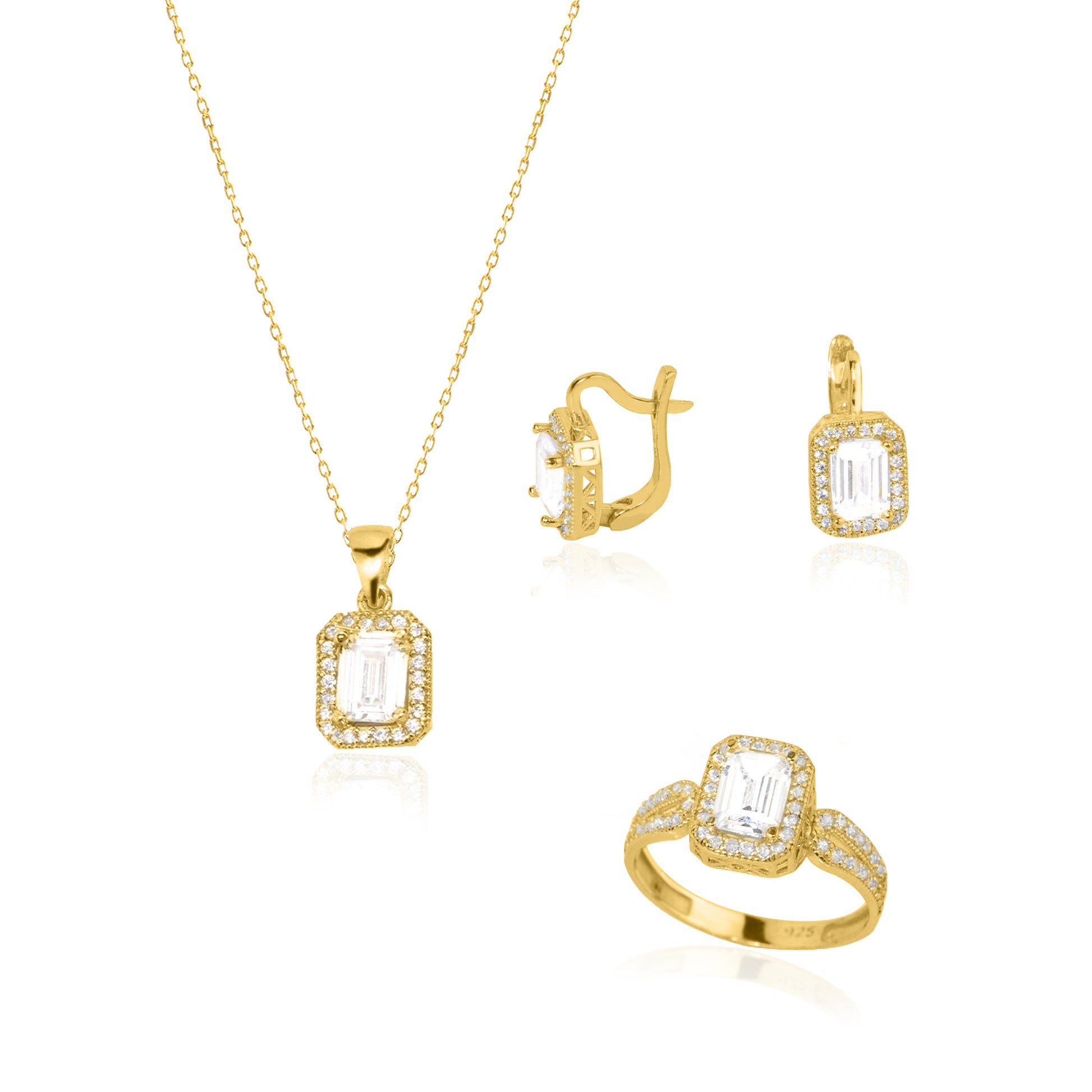 925 Sterling Silver Big Diamond Jewelry Set 3 Pieces: Necklace, Ring &amp; Earrings