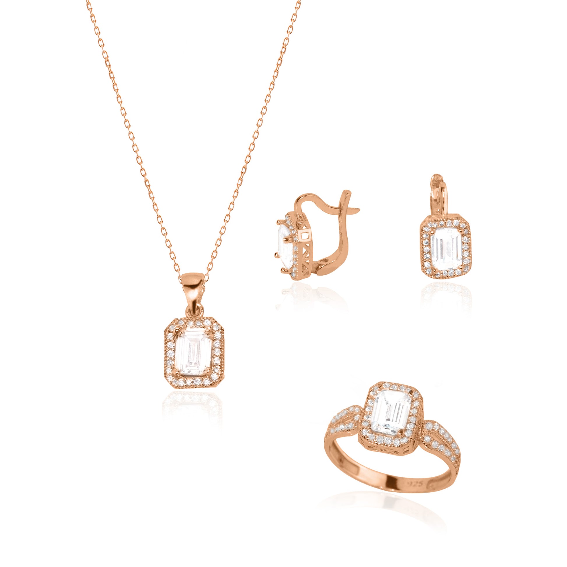 925 Sterling Silver Big Diamond Jewelry Set 3 Pieces: Necklace, Ring &amp; Earrings