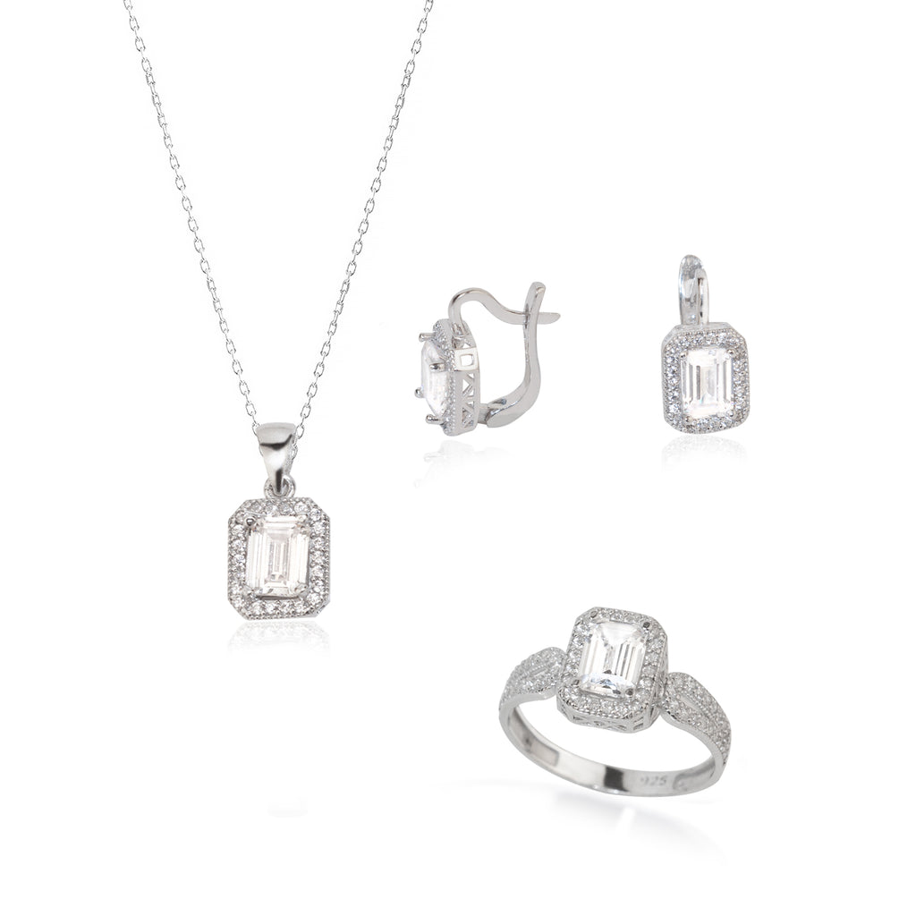 925 Sterling Silver Big Diamond Jewelry Set 3 Pieces: Necklace, Ring &amp; Earrings