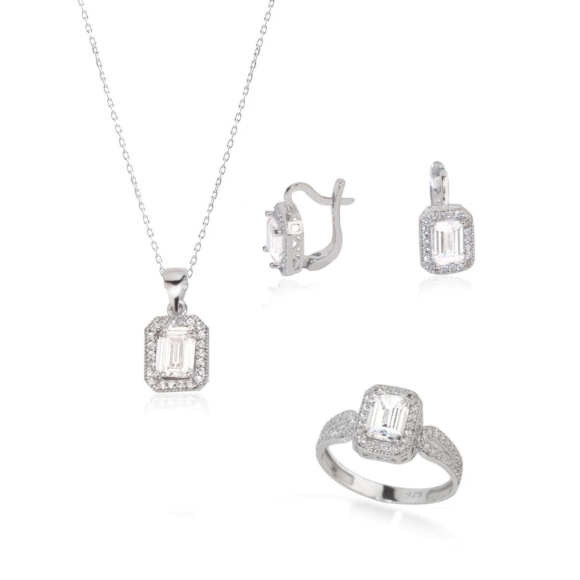 925 Sterling Silver Big Diamond Jewelry Set 3 Pieces: Necklace, Ring &amp; Earrings