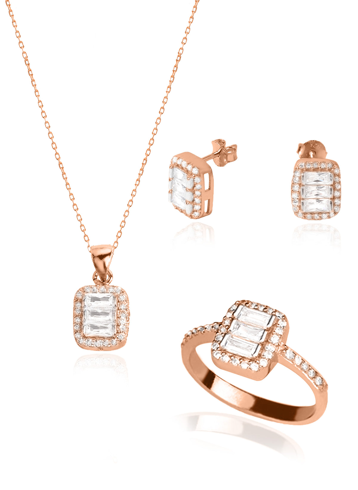 925 Sterling Silver Dainty Diamond Jewelry Set 3 Pieces: Necklace, Ring & Earrings