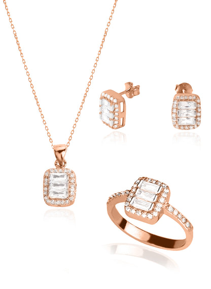 925 Sterling Silver Dainty Diamond Jewelry Set 3 Pieces: Necklace, Ring & Earrings