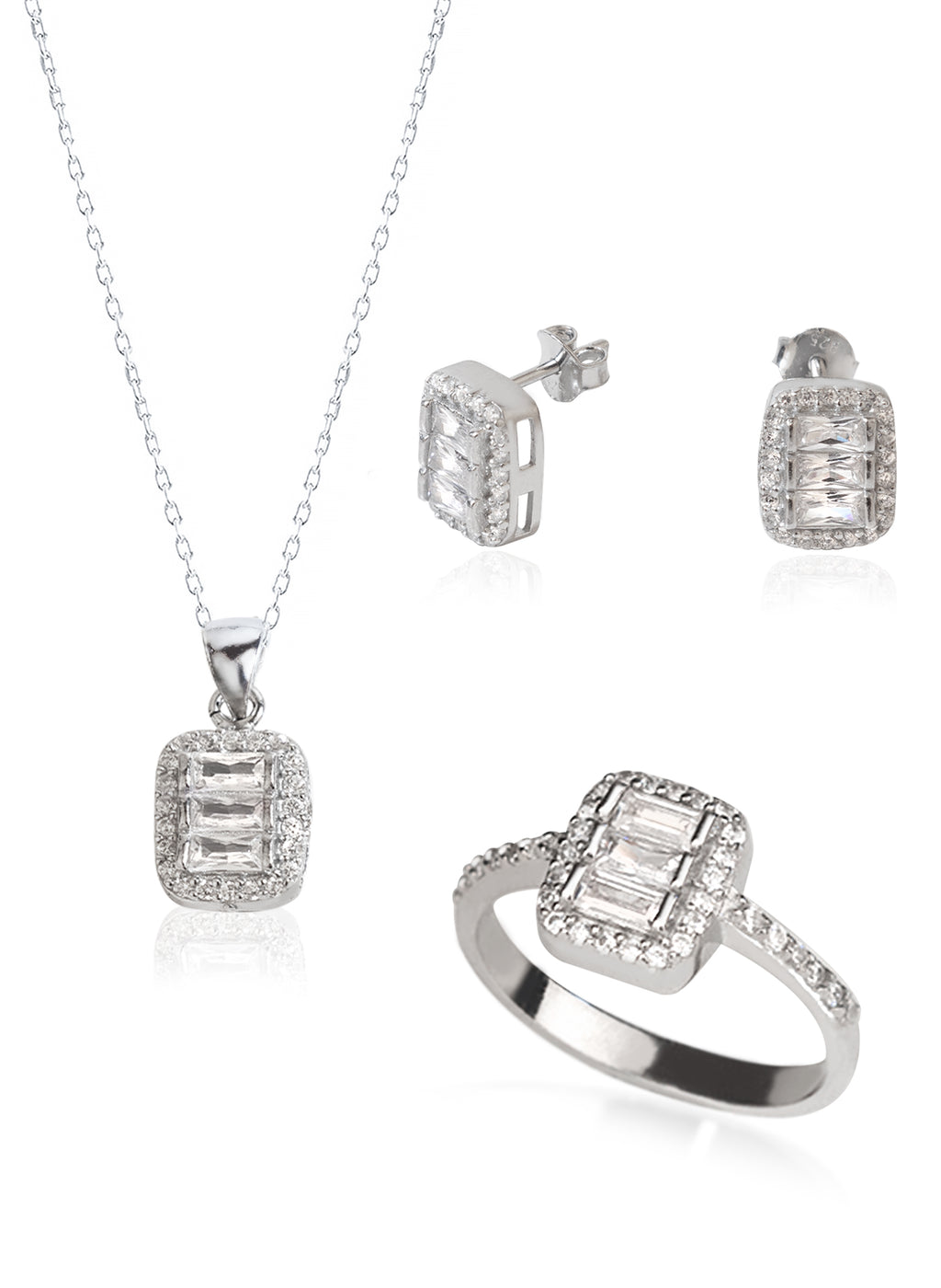 925 Sterling Silver Dainty Diamond Jewelry Set 3 Pieces: Necklace, Ring &amp; Earrings