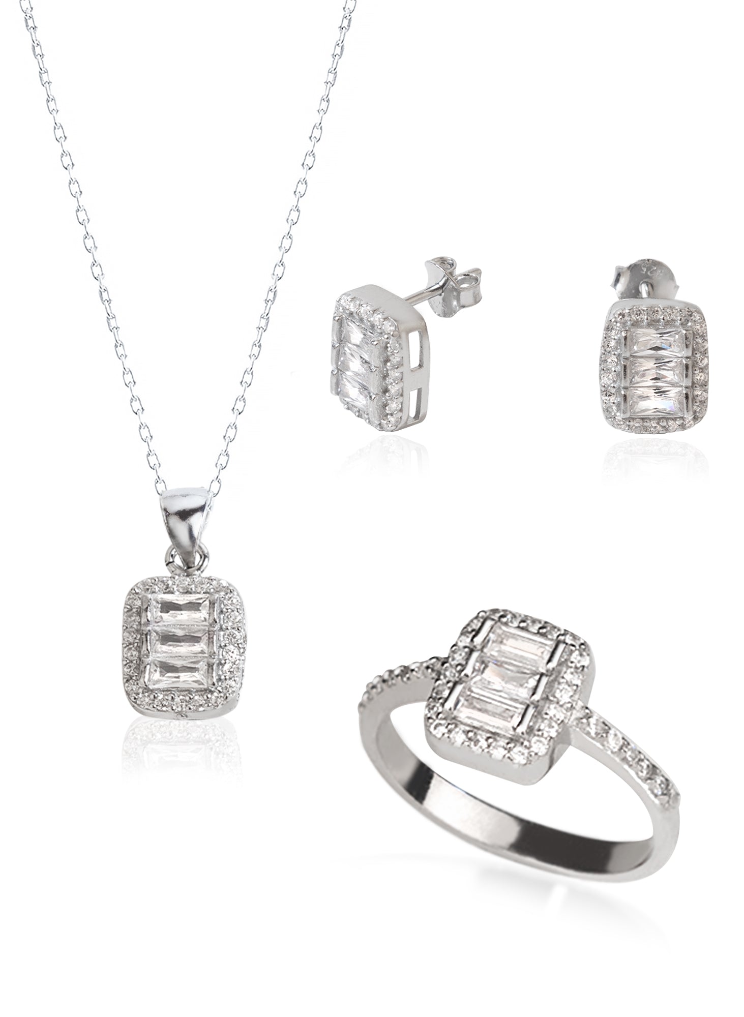 925 Sterling Silver Dainty Diamond Jewelry Set 3 Pieces: Necklace, Ring &amp; Earrings