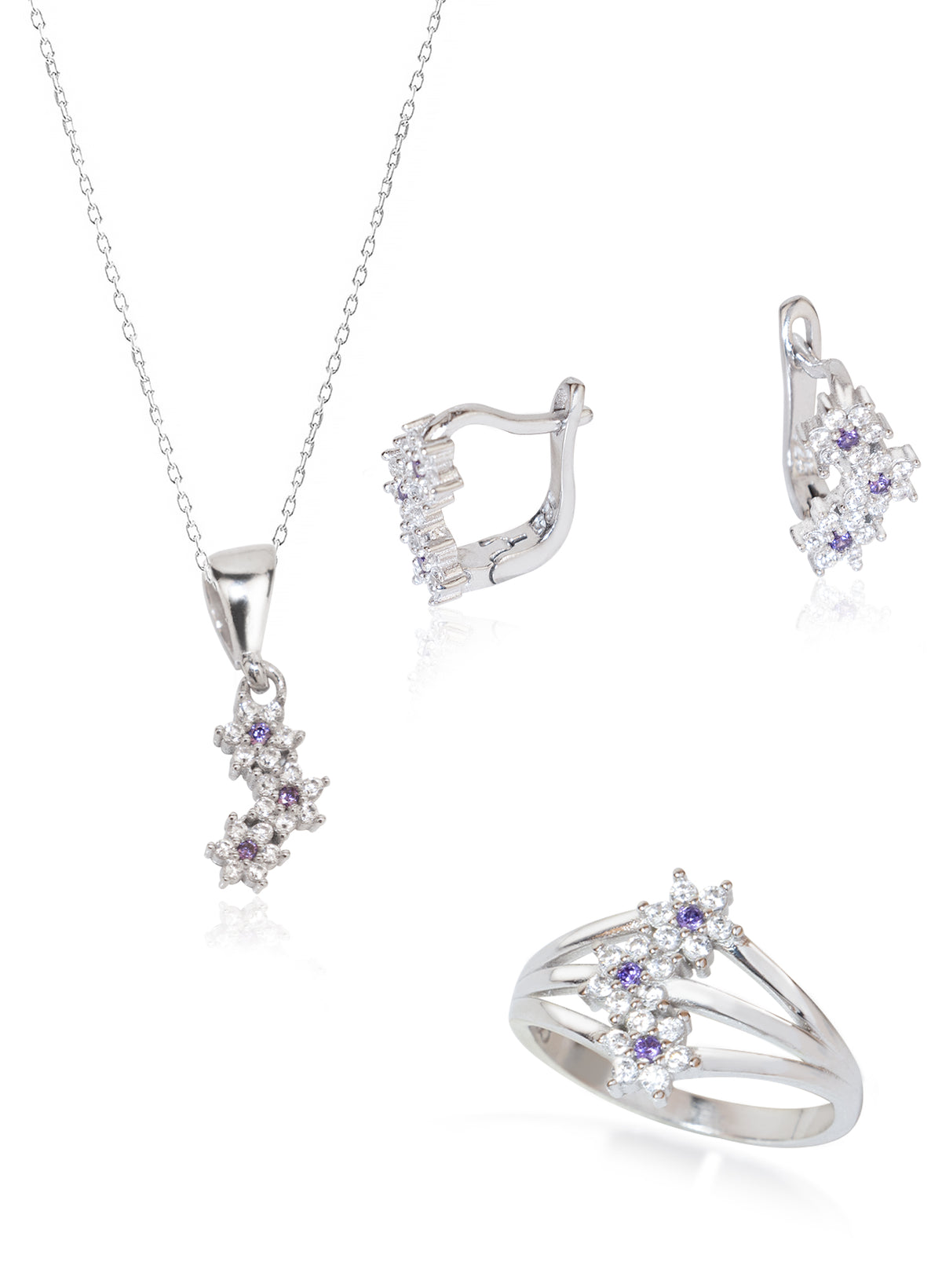 925 Sterling Silver Three Stone Daisy Shape Set 3 Pieces: Necklace, Ring & Earrings