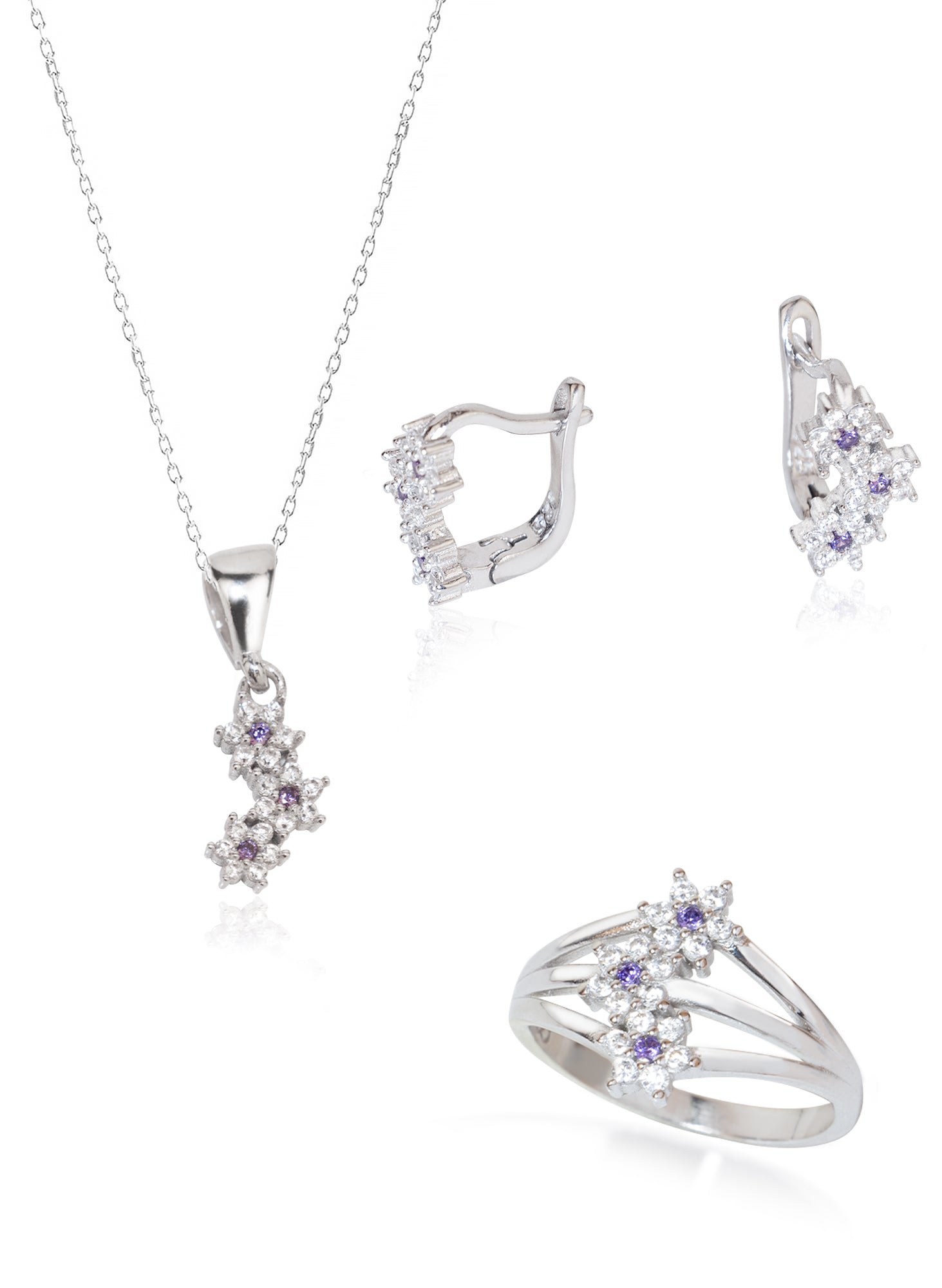 925 Sterling Silver Three Stone Daisy Shape Set 3 Pieces: Necklace, Ring &amp; Earrings