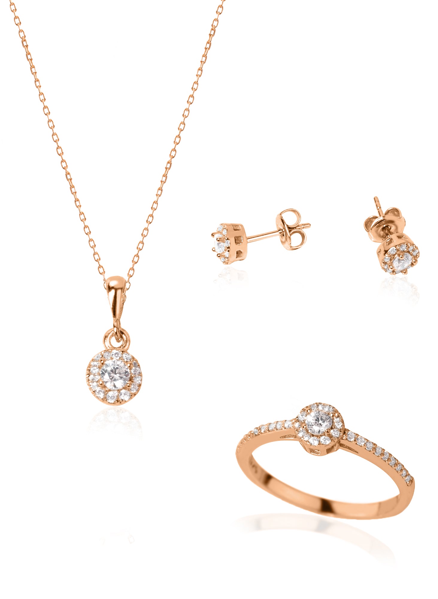 925 Sterling Silver Diamond Model Solitaire Shape Set 3 Pieces: Necklace, Ring &amp; Earrings