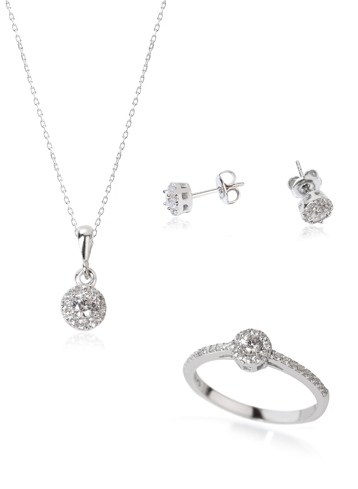 925 Sterling Silver Diamond Model Solitaire Shape Set 3 Pieces: Necklace, Ring & Earrings