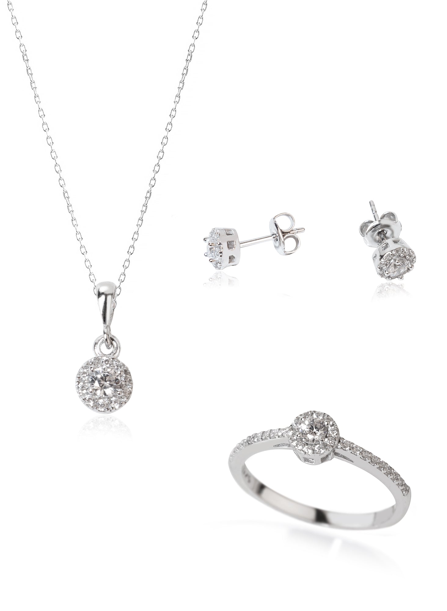 925 Sterling Silver Diamond Model Solitaire Shape Set 3 Pieces: Necklace, Ring &amp; Earrings