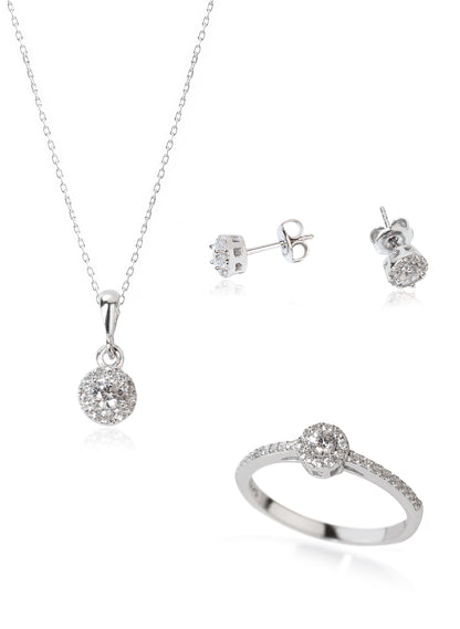 925 Sterling Silver Diamond Model Solitaire Shape Set 3 Pieces: Necklace, Ring & Earrings