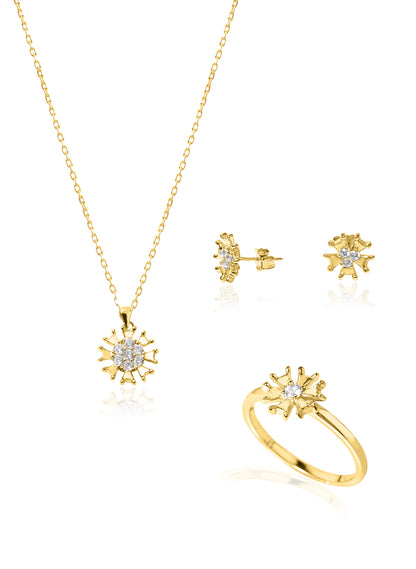 925 Sterling Silver Stone Flower Shape Set 3 Pieces: Necklace, Ring & Earrings