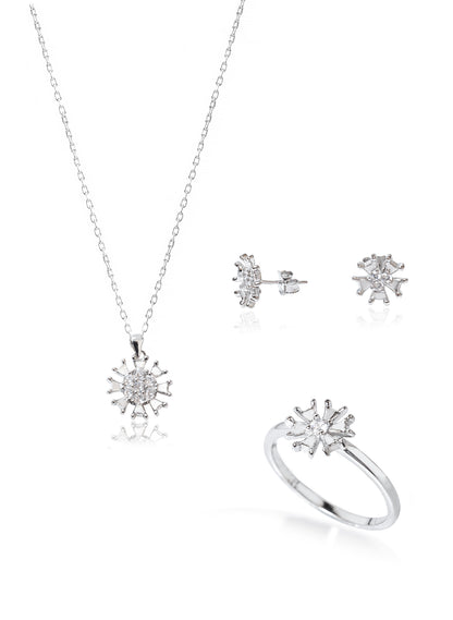 925 Sterling Silver Stone Flower Shape Set 3 Pieces: Necklace, Ring & Earrings