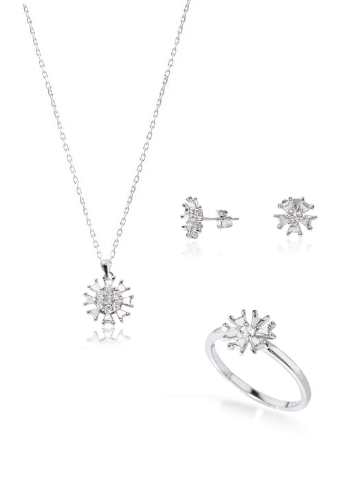 925 Sterling Silver Stone Flower Shape Set 3 Pieces: Necklace, Ring &amp; Earrings