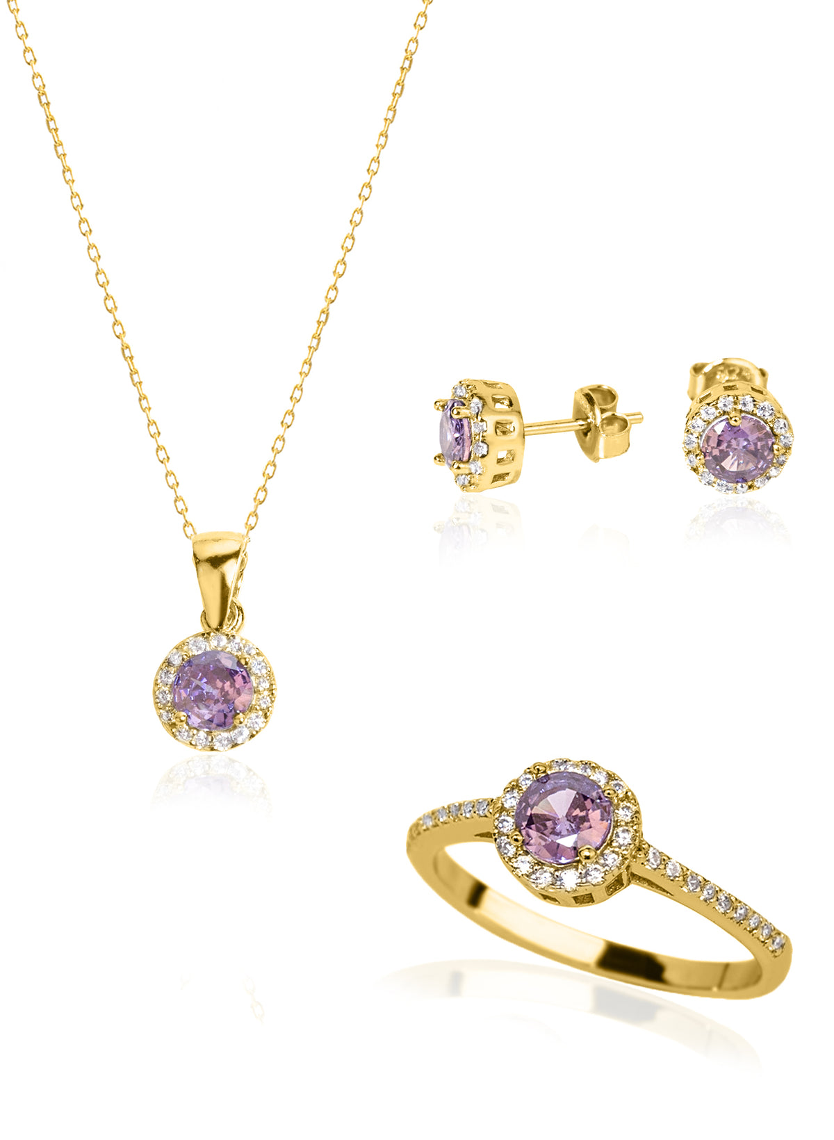 925 Sterling Silver Purple Single Stone Shape Set 3 Pieces: Necklace, Ring & Earrings