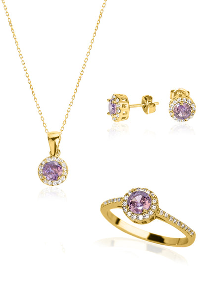 925 Sterling Silver Purple Single Stone Shape Set 3 Pieces: Necklace, Ring & Earrings