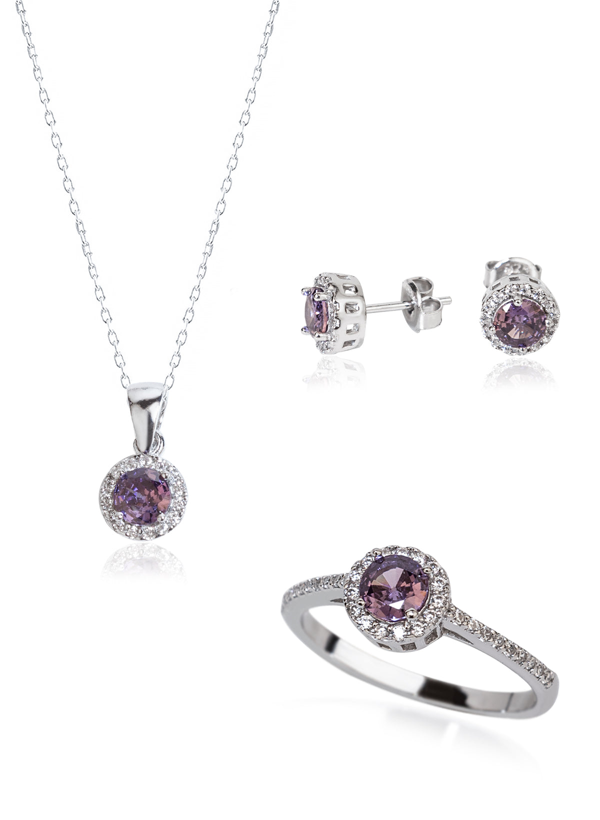 925 Sterling Silver Purple Single Stone Shape Set 3 Pieces: Necklace, Ring & Earrings