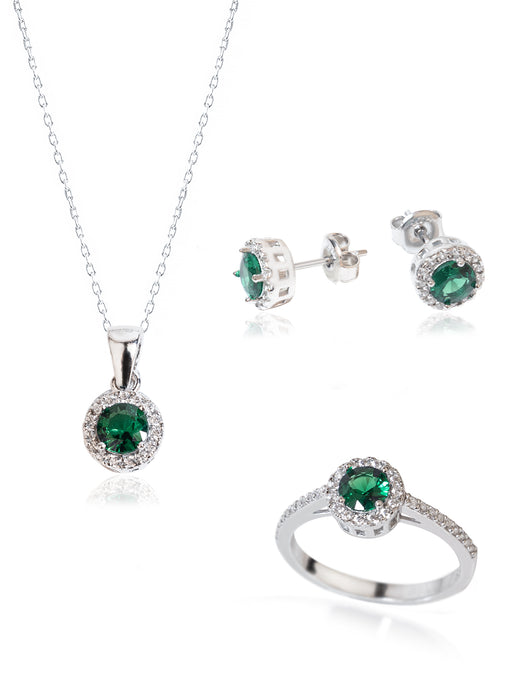 925 Sterling Silver Green Solitaire Shape Set 3 Pieces: Necklace, Ring & Earrings