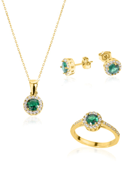 925 Sterling Silver Green Solitaire Shape Set 3 Pieces: Necklace, Ring & Earrings