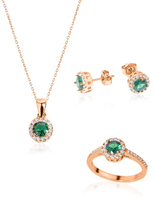 925 Sterling Silver Green Solitaire Shape Set 3 Pieces: Necklace, Ring & Earrings